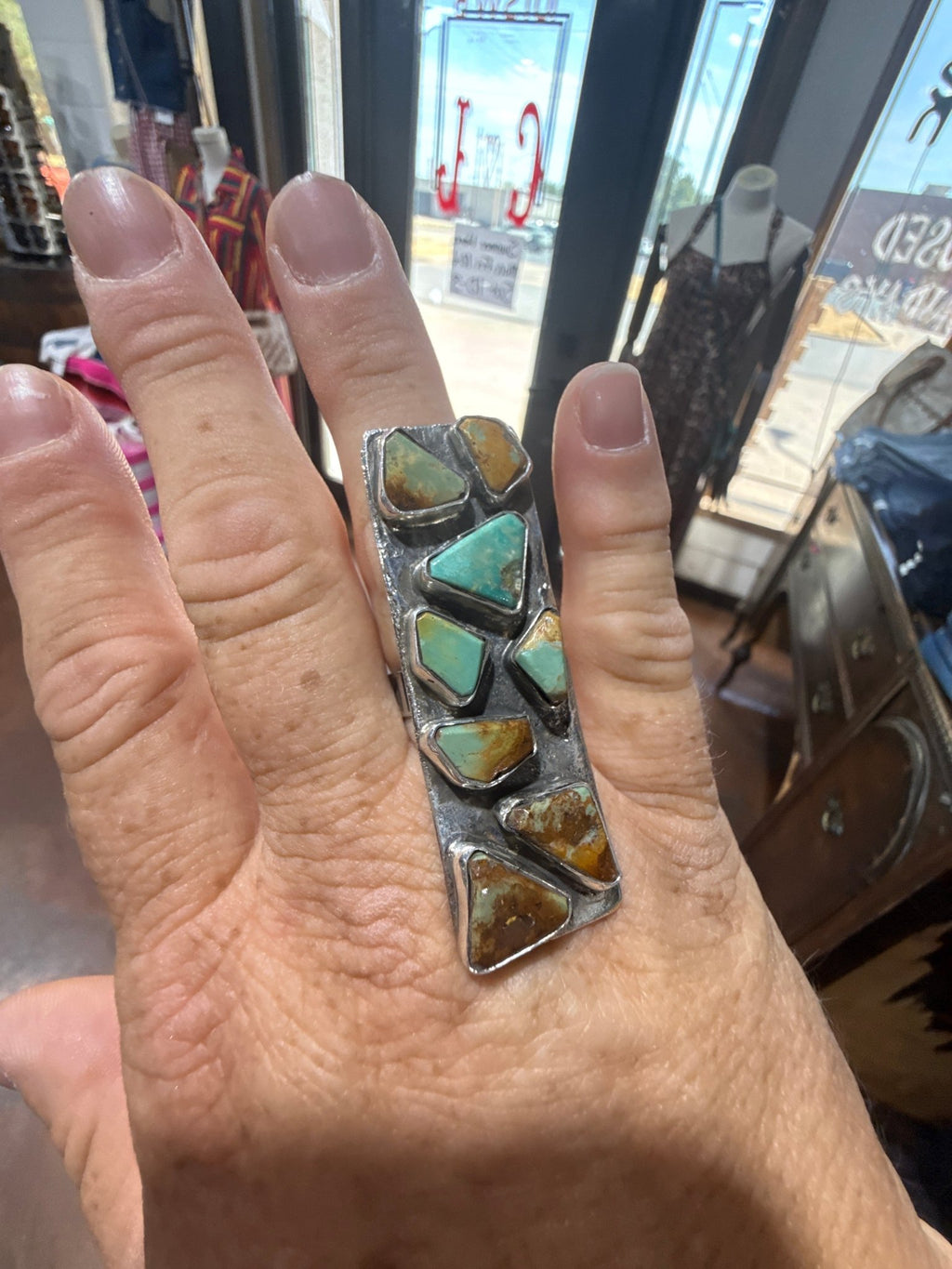 Vertical Turquoise Stone Bar Adjustable Sterling Silver Ring - Country Lace Boutique