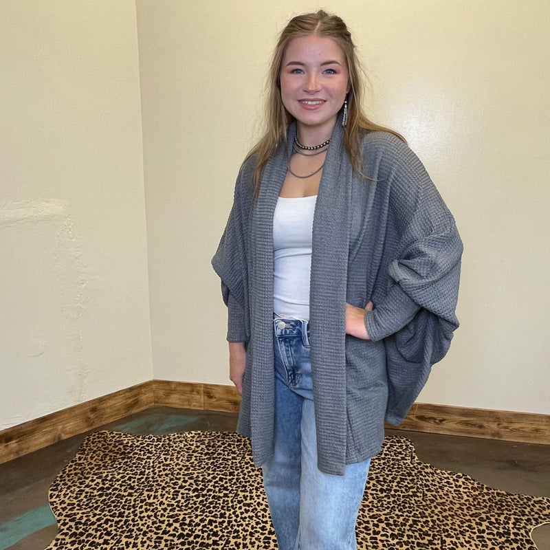 Waffle Charcoal Grey Long Sleeve Dolman Cardigan - Country Lace Boutique
