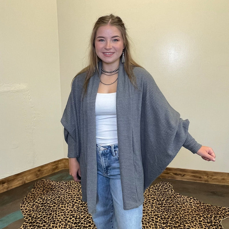 Waffle Charcoal Grey Long Sleeve Dolman Cardigan - Country Lace Boutique