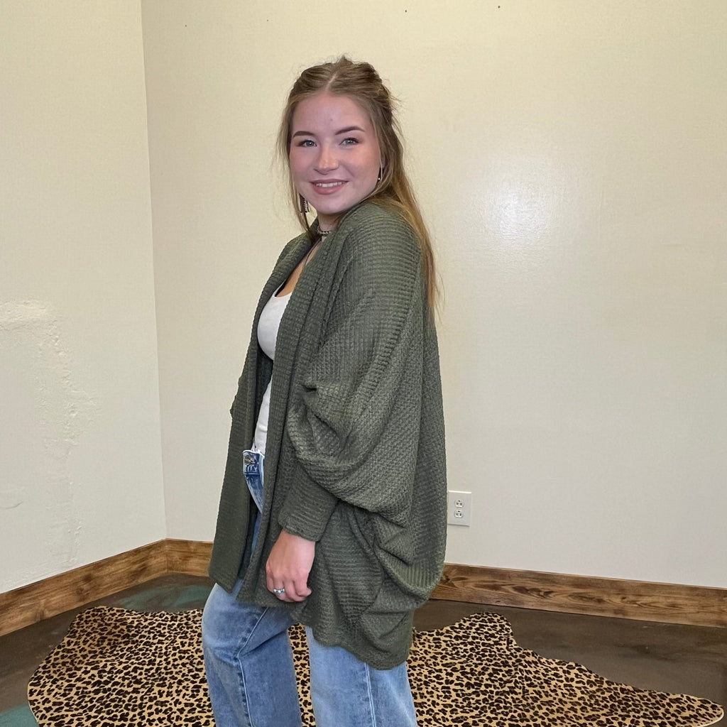 Waffle Dark Olive Green Long Sleeve Dolman Cardigan - Country Lace Boutique