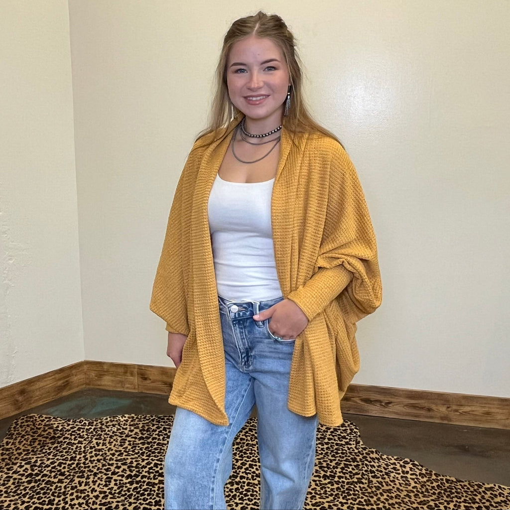 Waffle Mustard Yellow Long Sleeve Dolman Cardigan - Country Lace Boutique