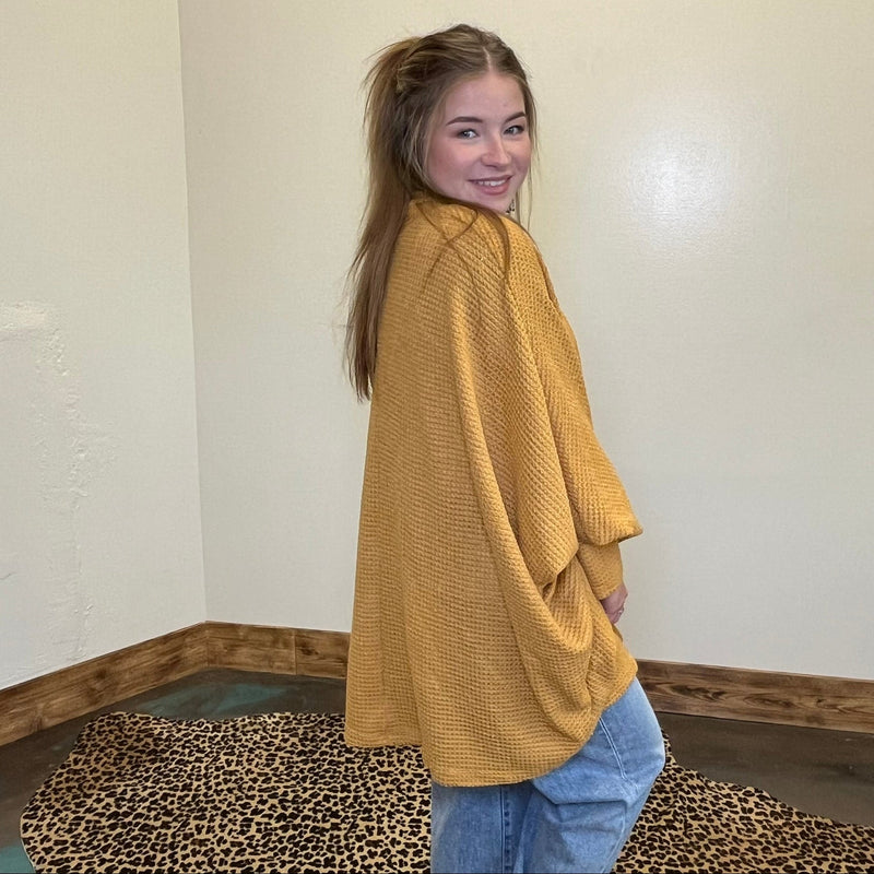 Waffle Mustard Yellow Long Sleeve Dolman Cardigan - Country Lace Boutique