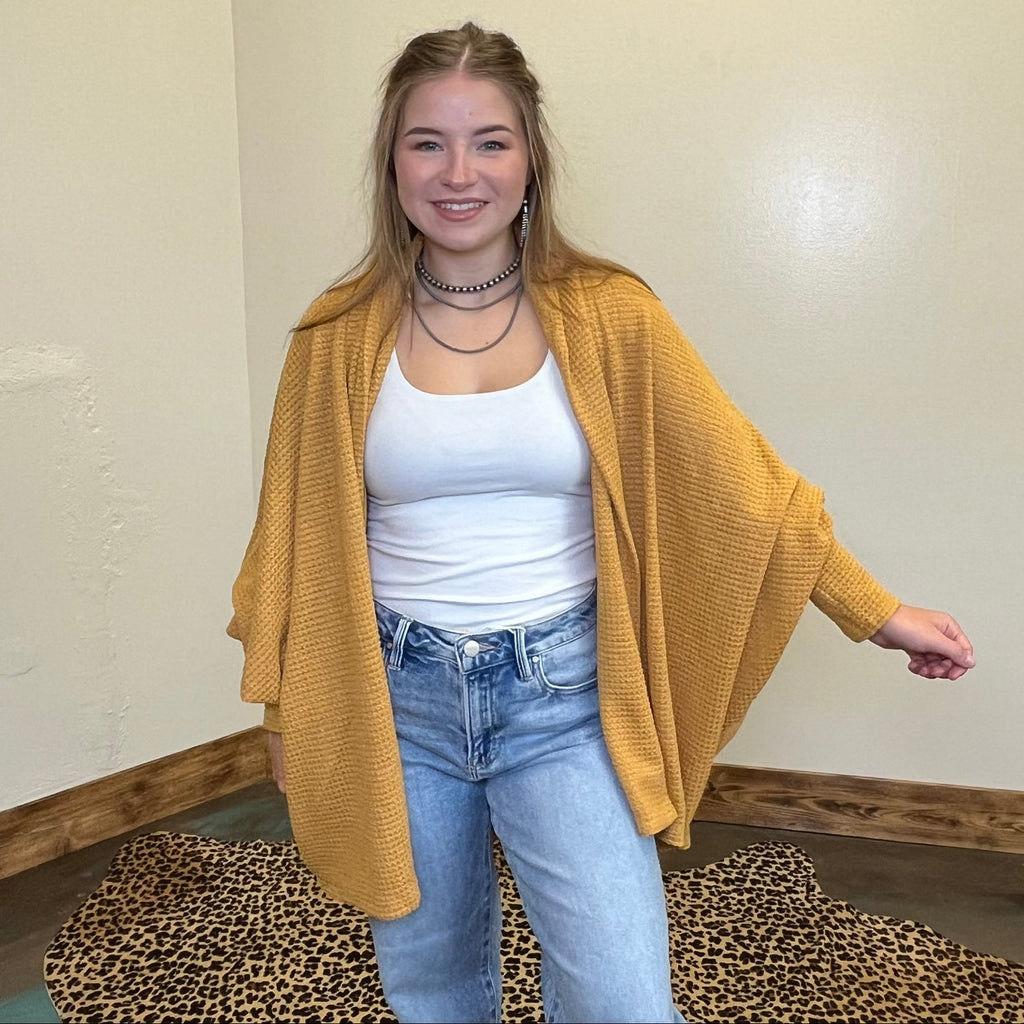 Waffle Mustard Yellow Long Sleeve Dolman Cardigan - Country Lace Boutique