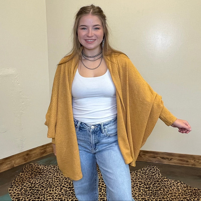 Waffle Mustard Yellow Long Sleeve Dolman Cardigan - Country Lace Boutique