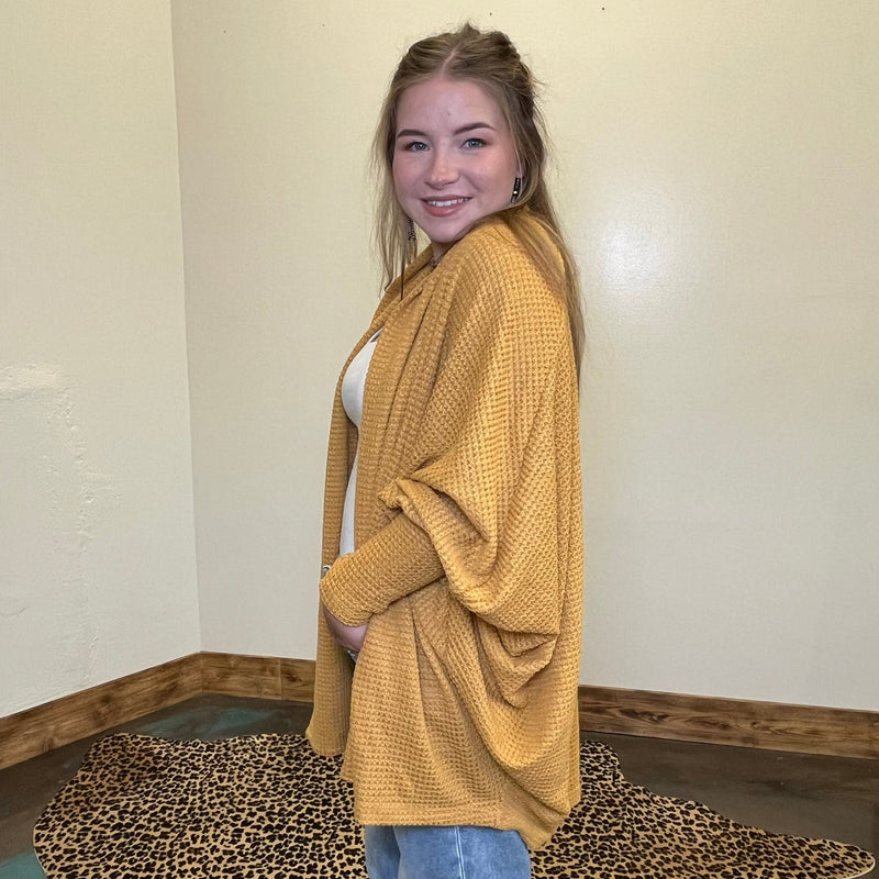 Waffle Mustard Yellow Long Sleeve Dolman Cardigan - Country Lace Boutique