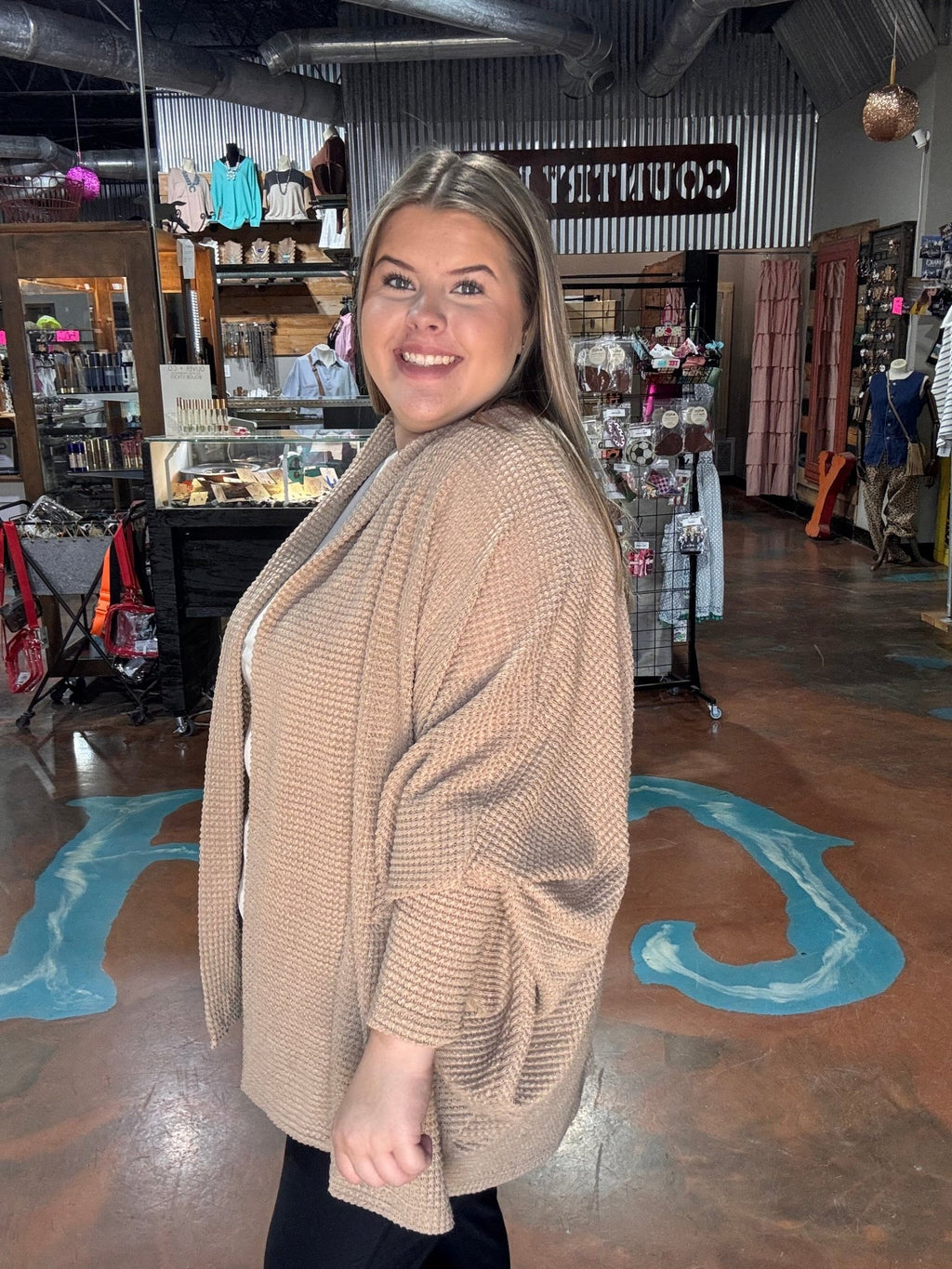 Waffle Tan Long Sleeve Dolman Cardigan Large - Country Lace Boutique