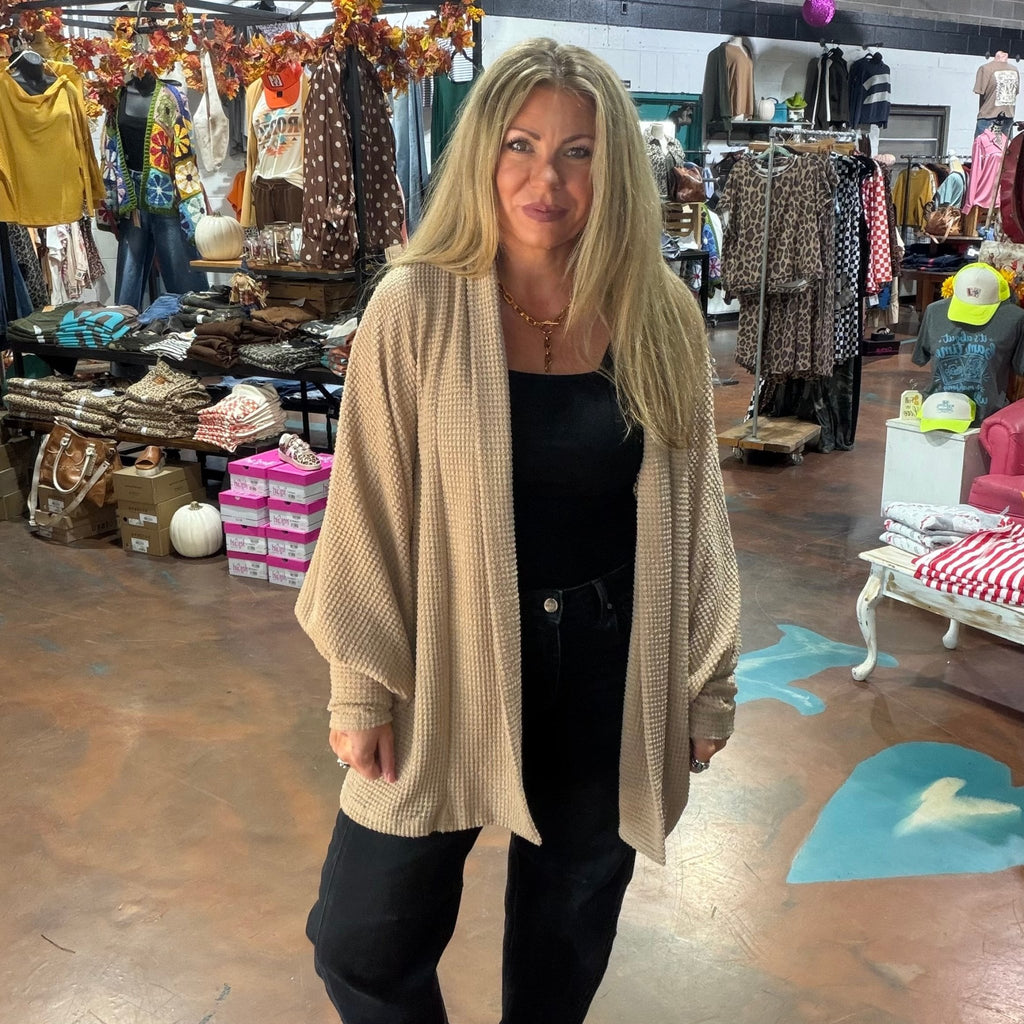 Waffle Tan Long Sleeve Dolman Cardigan Large - Country Lace Boutique