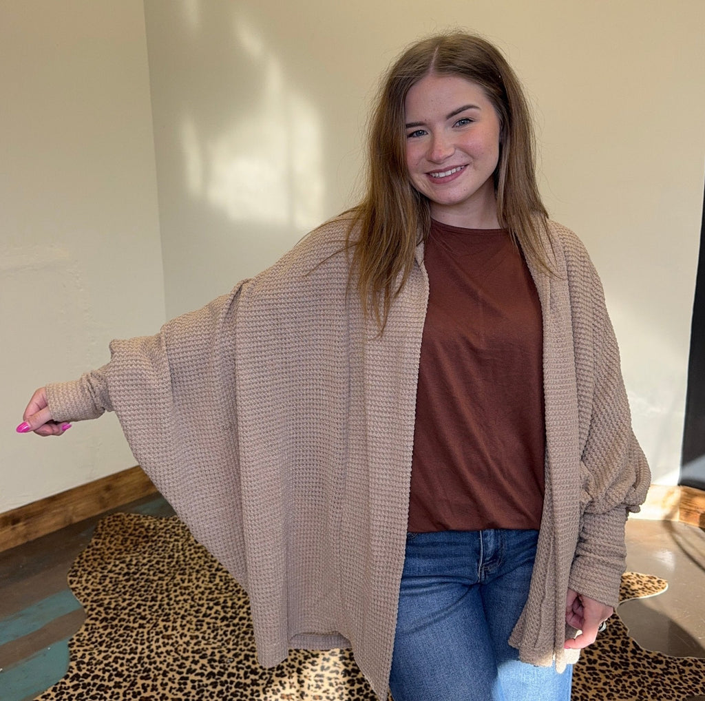 Waffle Tan Mocha Long Sleeve Dolman Cardigan - Country Lace Boutique