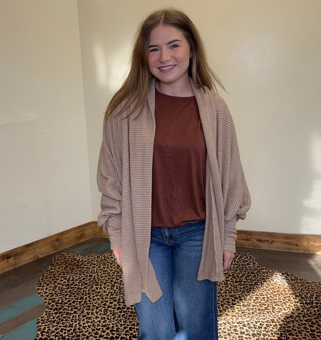 Waffle Tan Mocha Long Sleeve Dolman Cardigan - Country Lace Boutique