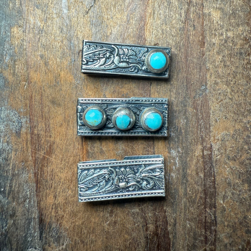 Three silver money clips with turquoise stones 