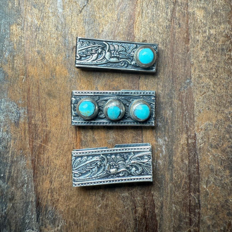 Three silver money clips with turquoise stones 