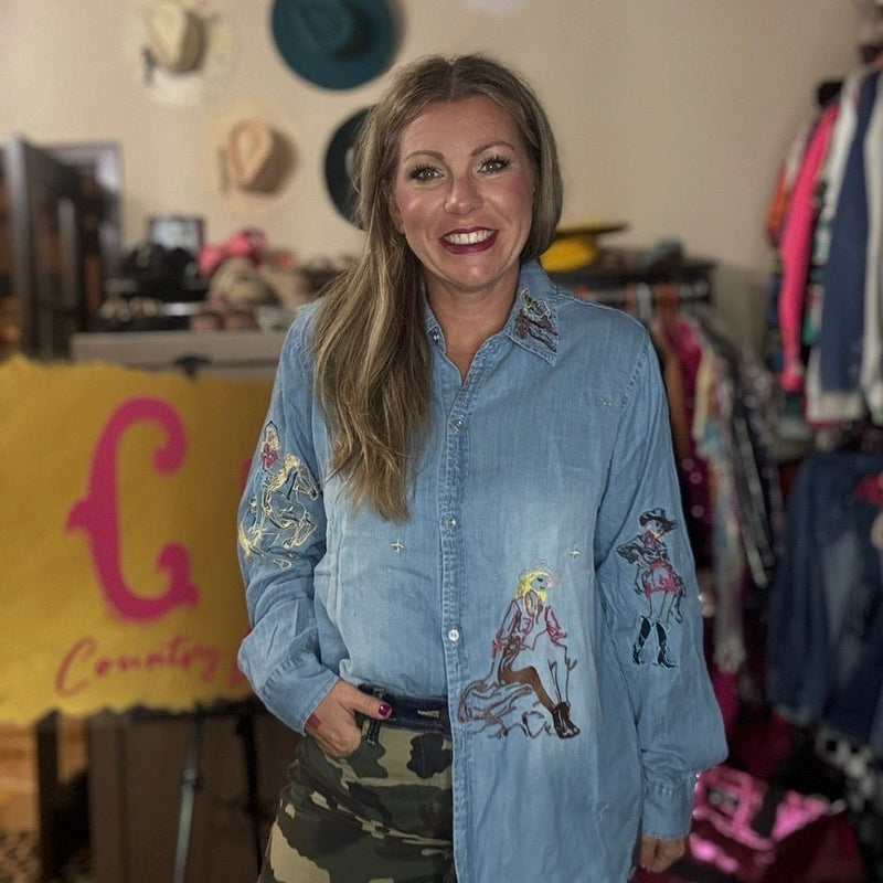 Western Motif Tencel Long Sleeve Button Top - Country Lace Boutique