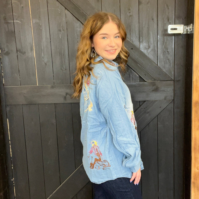 Western Motif Tencel Long Sleeve Button Top - Country Lace Boutique