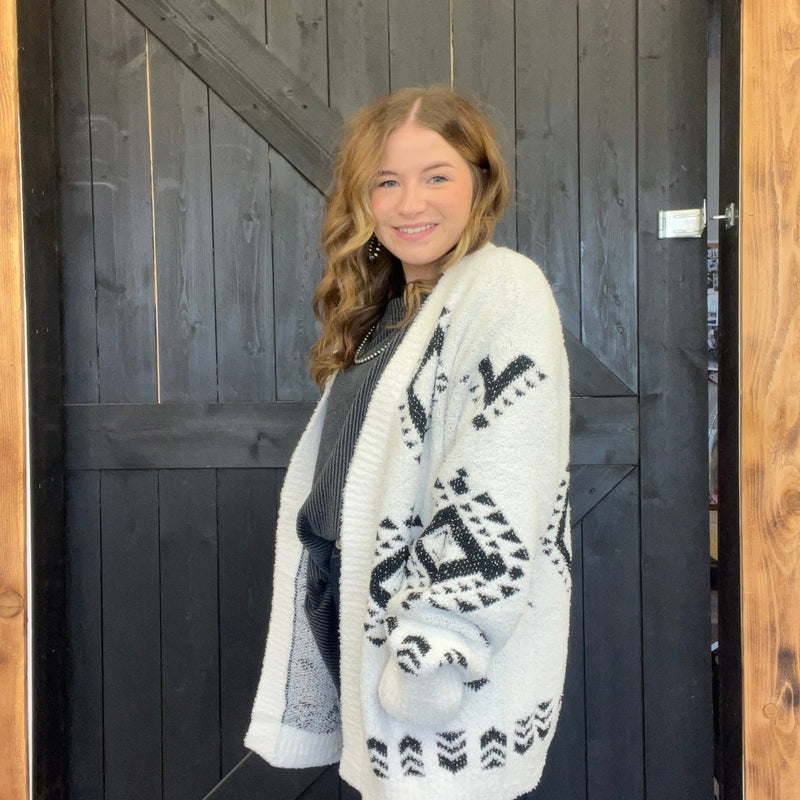 White & Black Aztec Southwestern Super Soft Sweater Cardigan - Country Lace Boutique