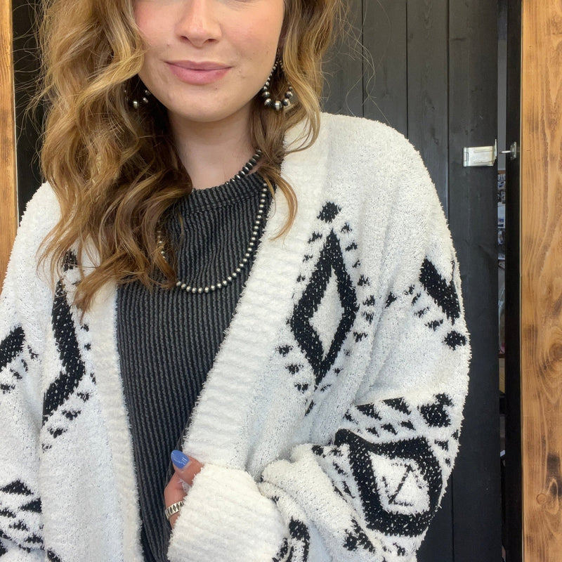 White & Black Aztec Southwestern Super Soft Sweater Cardigan - Country Lace Boutique