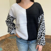 White & Black With Leopard Sleeves Sweater - Country Lace Boutique