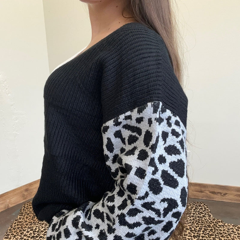 White & Black With Leopard Sleeves Sweater - Country Lace Boutique