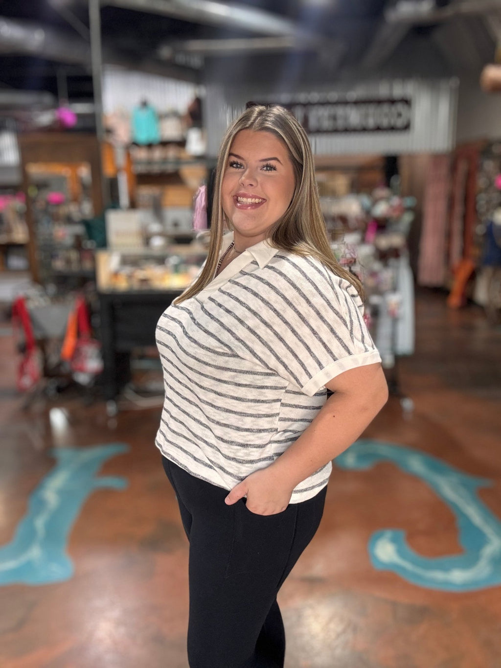 White & Charcoal Striped V-Neck Knit Top - Country Lace Boutique