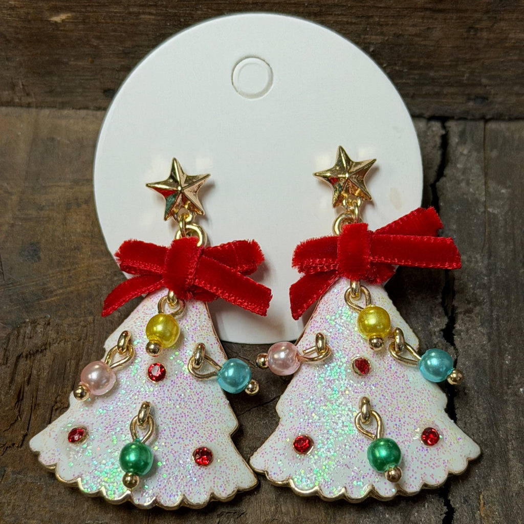 White Christmas Tree Dangle Fashion Earrings - Country Lace Boutique