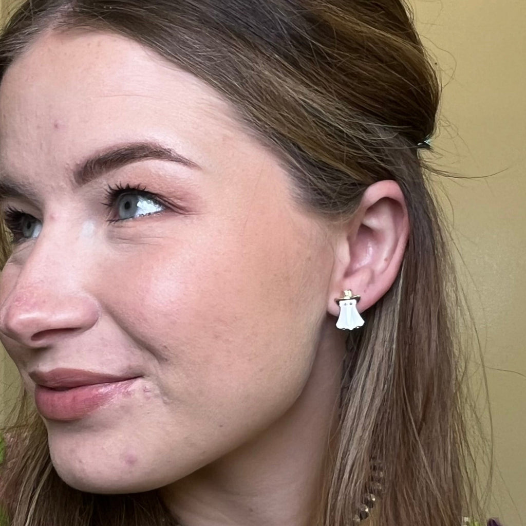 White Cowboy Ghost Post Stud Fashion Earrings - Country Lace Boutique