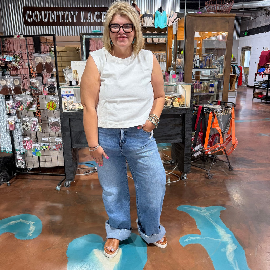 Medium Tummy Control Mid Rise Wide with Distressing Risen Jeans - Country Lace Boutique