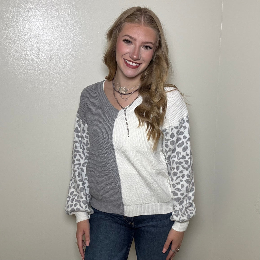 White & Grey With Leopard Sleeves Sweater - Country Lace Boutique
