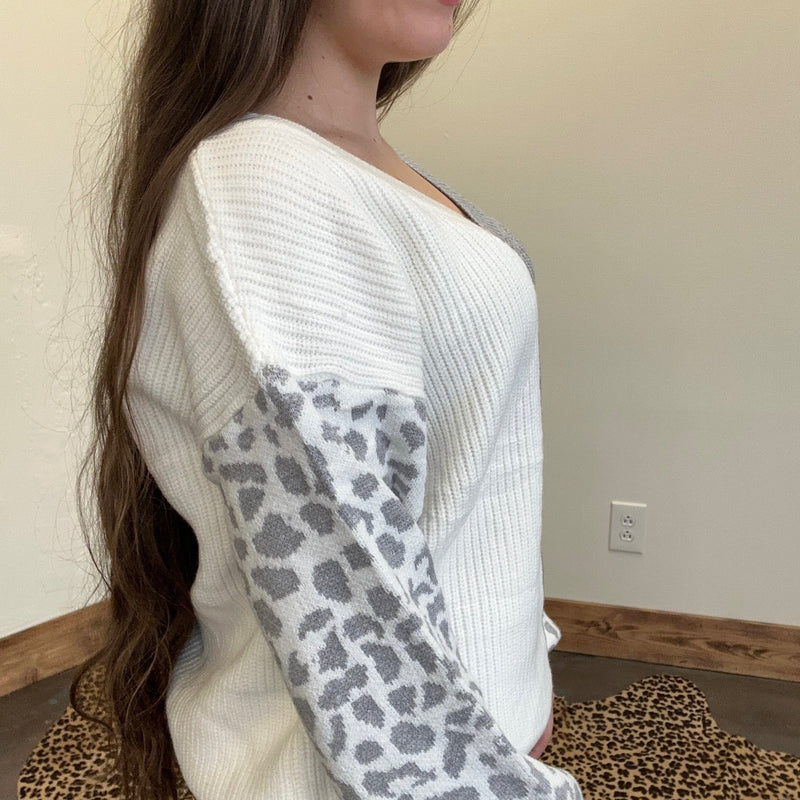 White & Grey With Leopard Sleeves Sweater - Country Lace Boutique