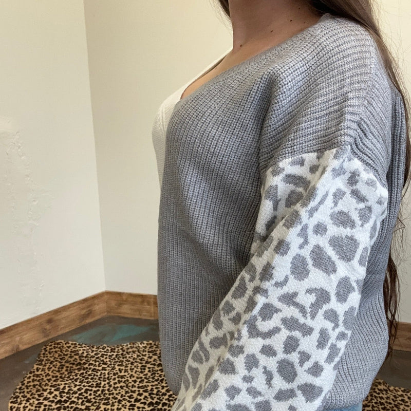 White & Grey With Leopard Sleeves Sweater - Country Lace Boutique