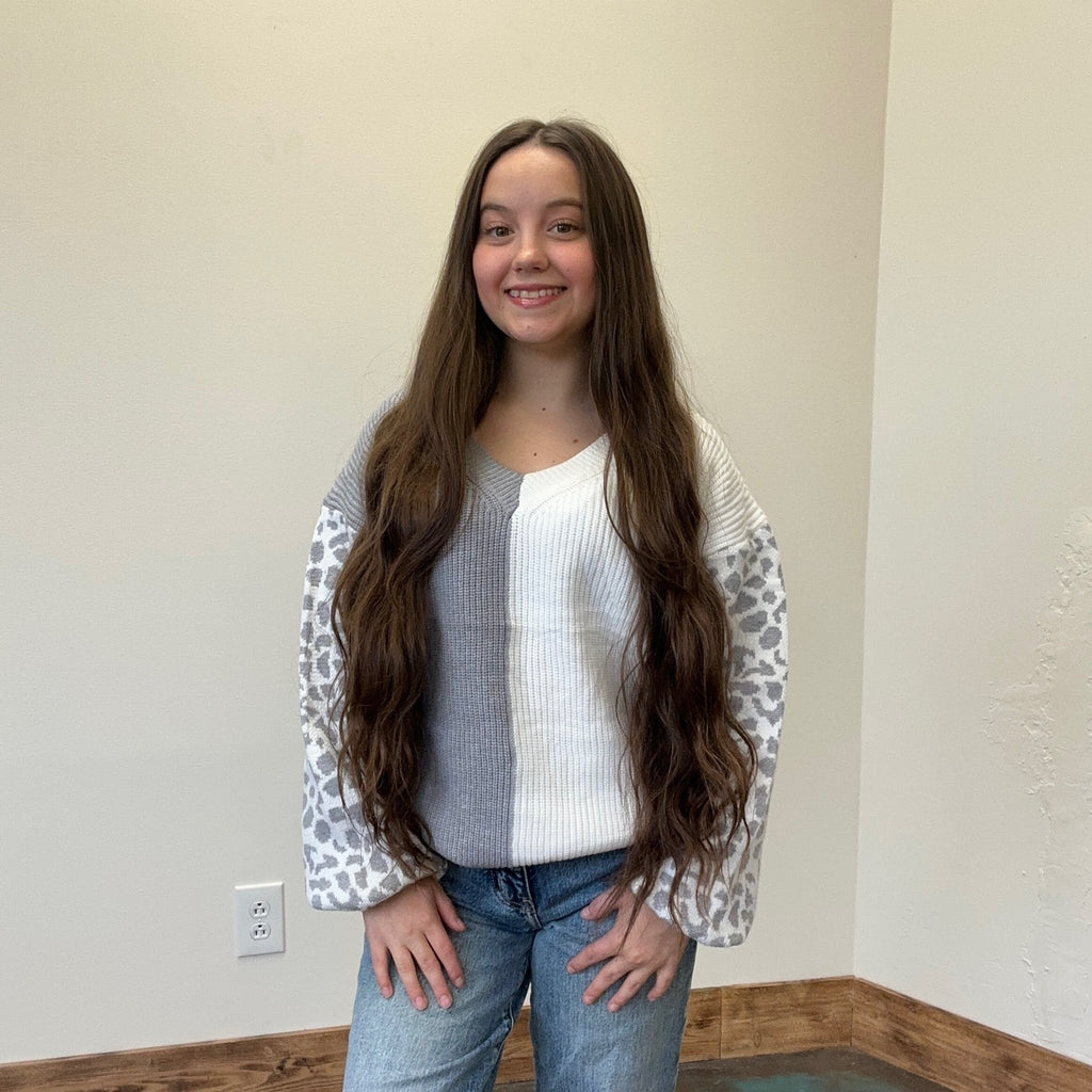 White & Grey With Leopard Sleeves Sweater - Country Lace Boutique