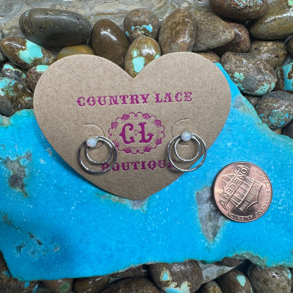 White Opal Flat Double Hoop Post Sterling Silver Earring - Country Lace Boutique