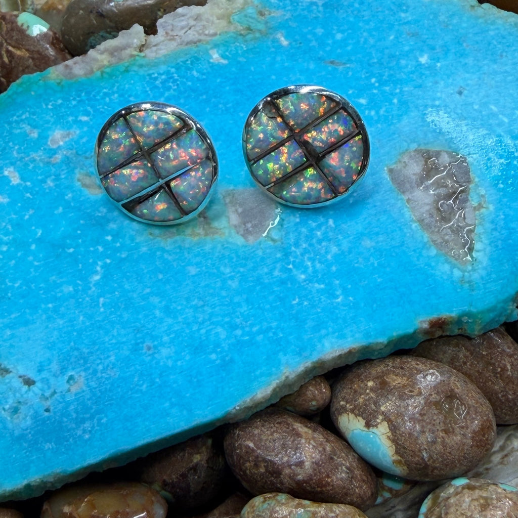 White Opal Inlay Round Post Sterling Silver Earring - Country Lace Boutique