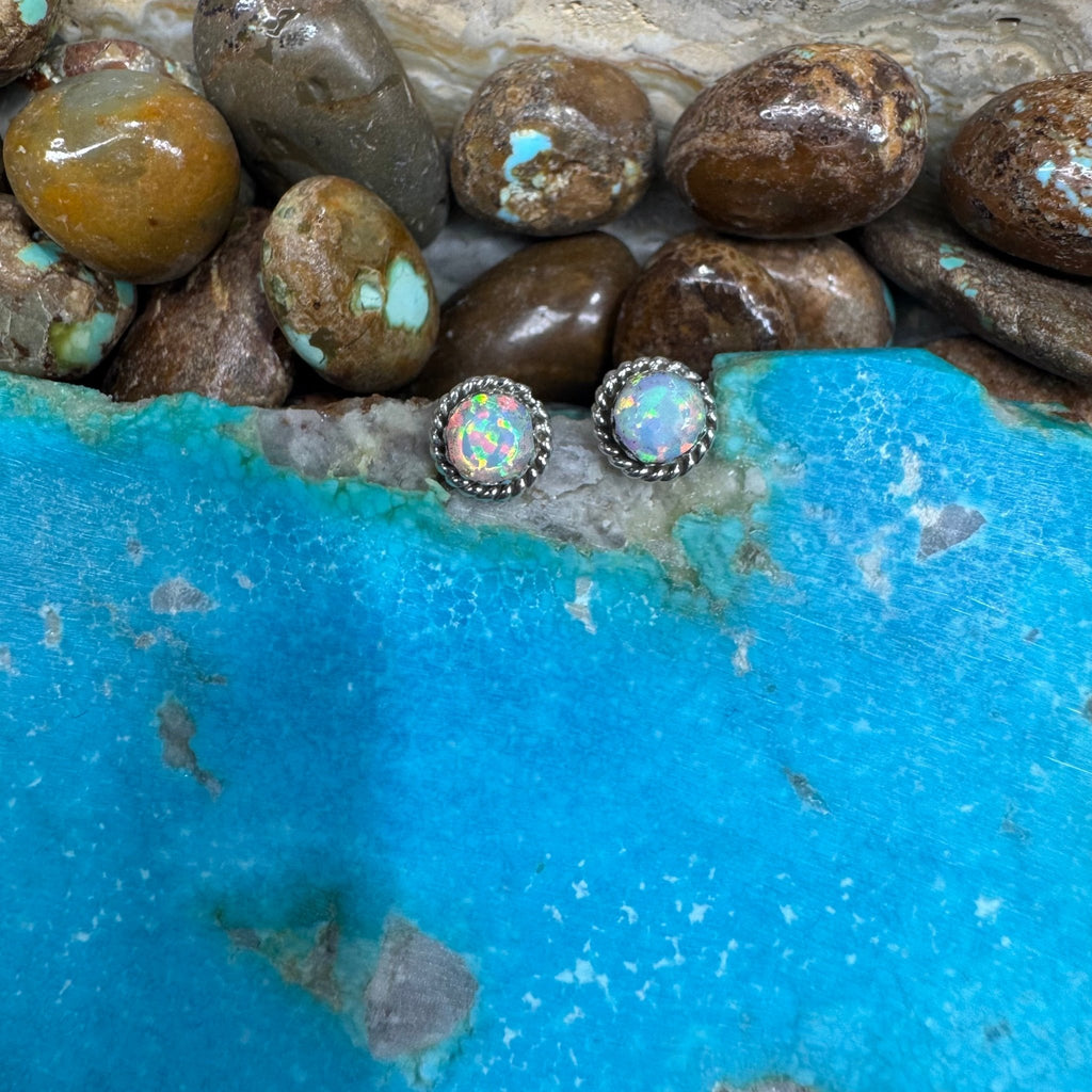 White Opal Round Braided Stud Lil Post Sterling Silver Earring - Country Lace Boutique