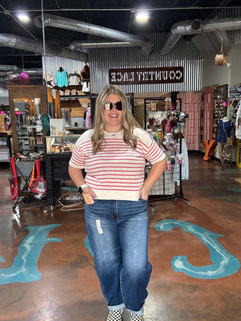 White & Pink Striped Short Sleeve Knit Top - Country Lace Boutique