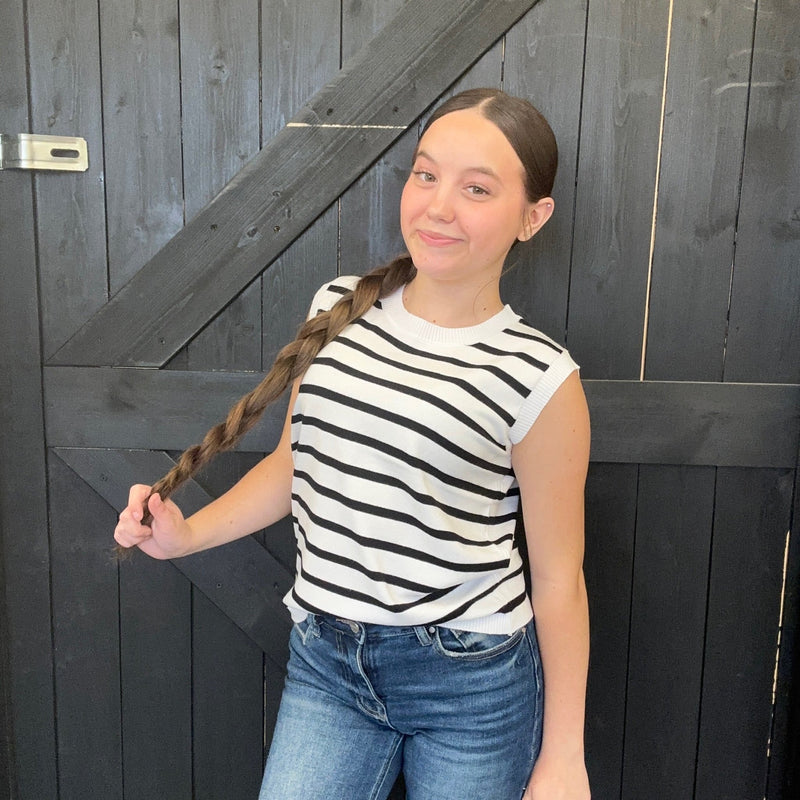 White w/ Black Stripes Simple Crew Neck Sleeveless Vest - Country Lace Boutique