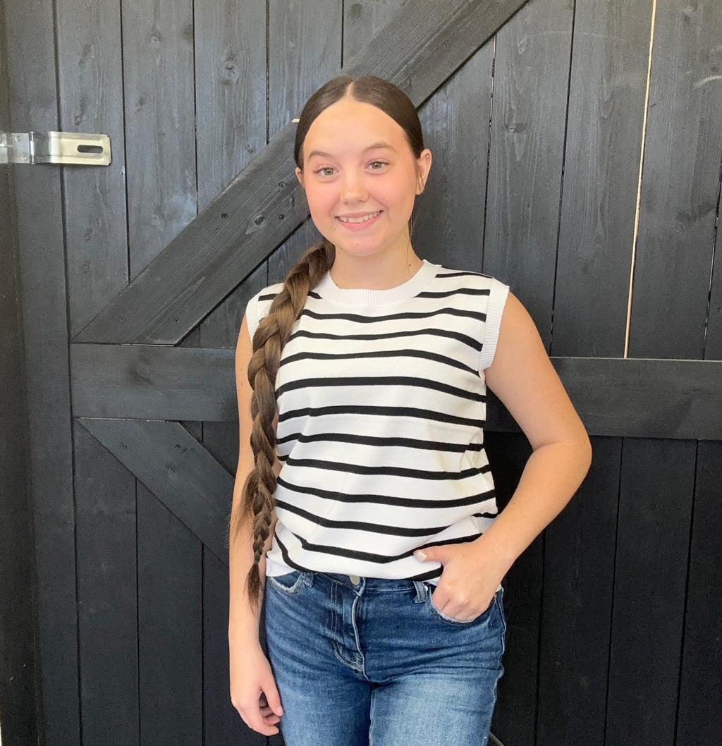 White w/ Black Stripes Simple Crew Neck Sleeveless Vest - Country Lace Boutique