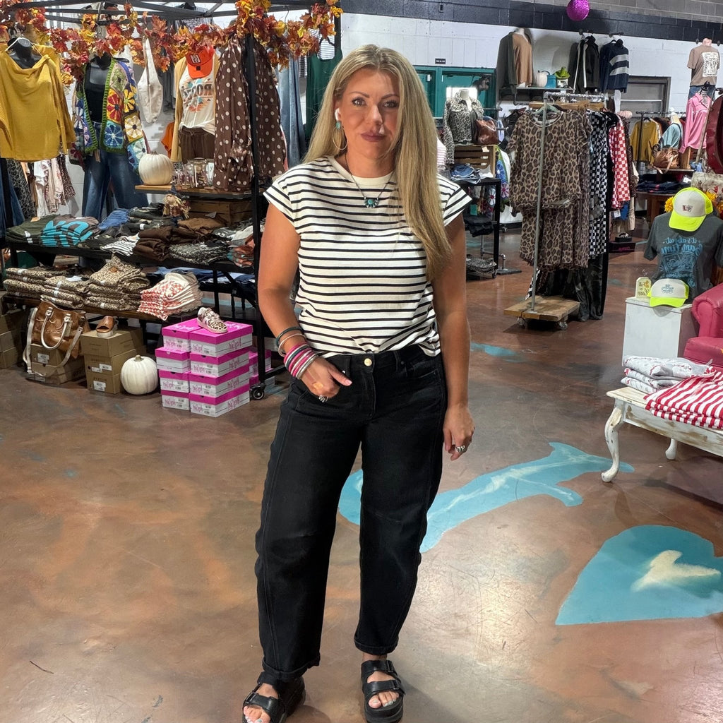 White with Black Striped Cap Sleeve Relaxed Everyday Tee - Country Lace Boutique