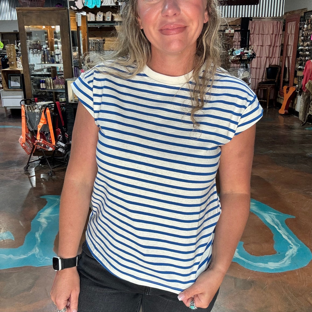 White with Blue Striped Cap Sleeve Relaxed Everyday Tee - Country Lace Boutique