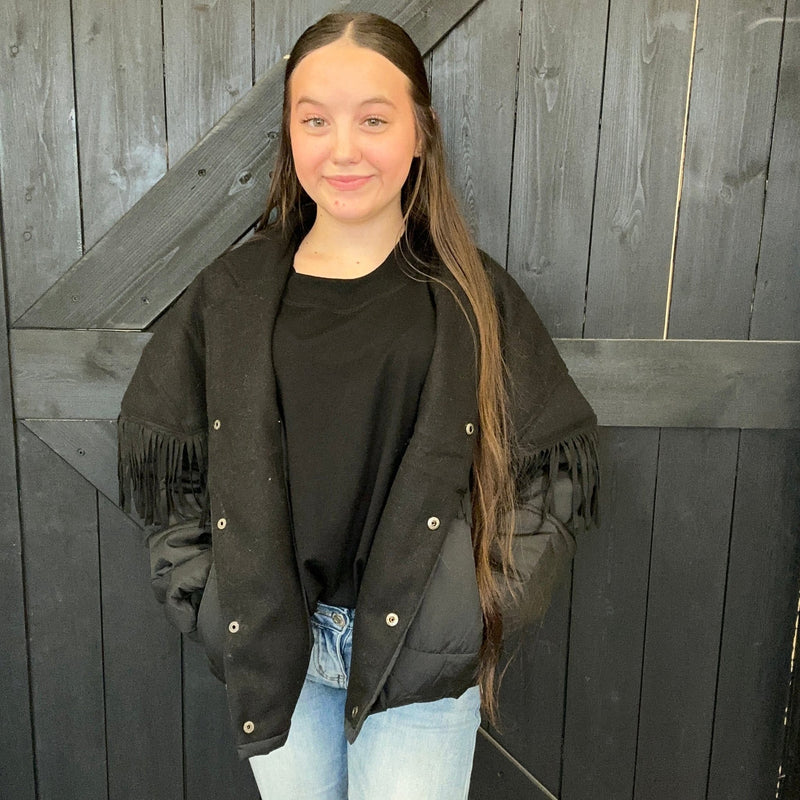 Yall Fly Black Midnight w/ Fringe Crop Jacket - Country Lace Boutique
