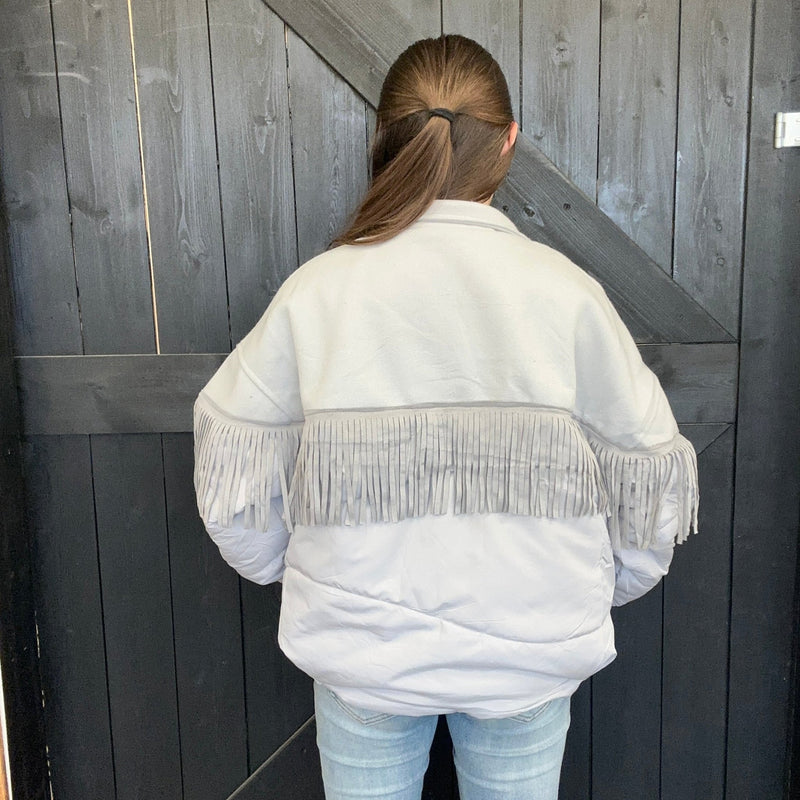 Yall Fly Chrome Gray w/ Fringe Crop Jacket - Country Lace Boutique