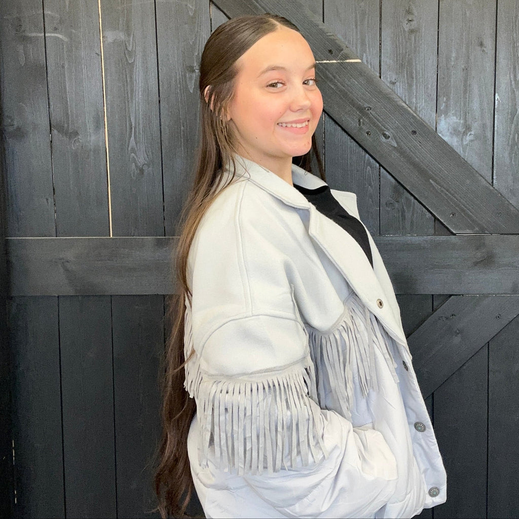 Yall Fly Chrome Gray w/ Fringe Crop Jacket - Country Lace Boutique