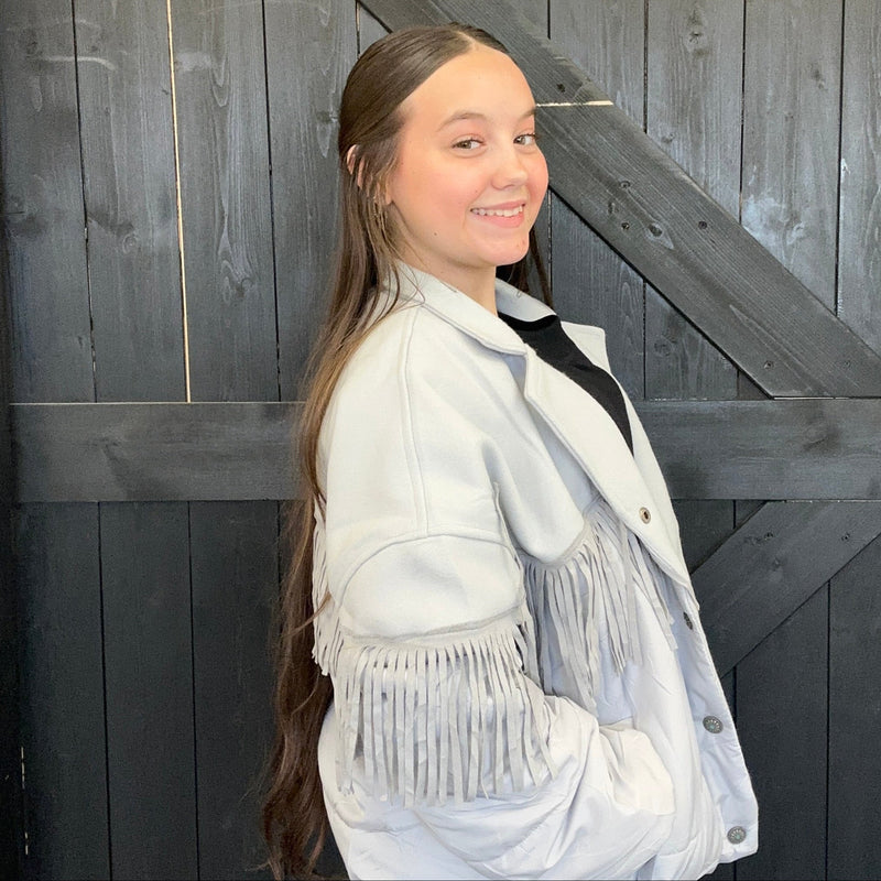 Yall Fly Chrome Gray w/ Fringe Crop Jacket - Country Lace Boutique