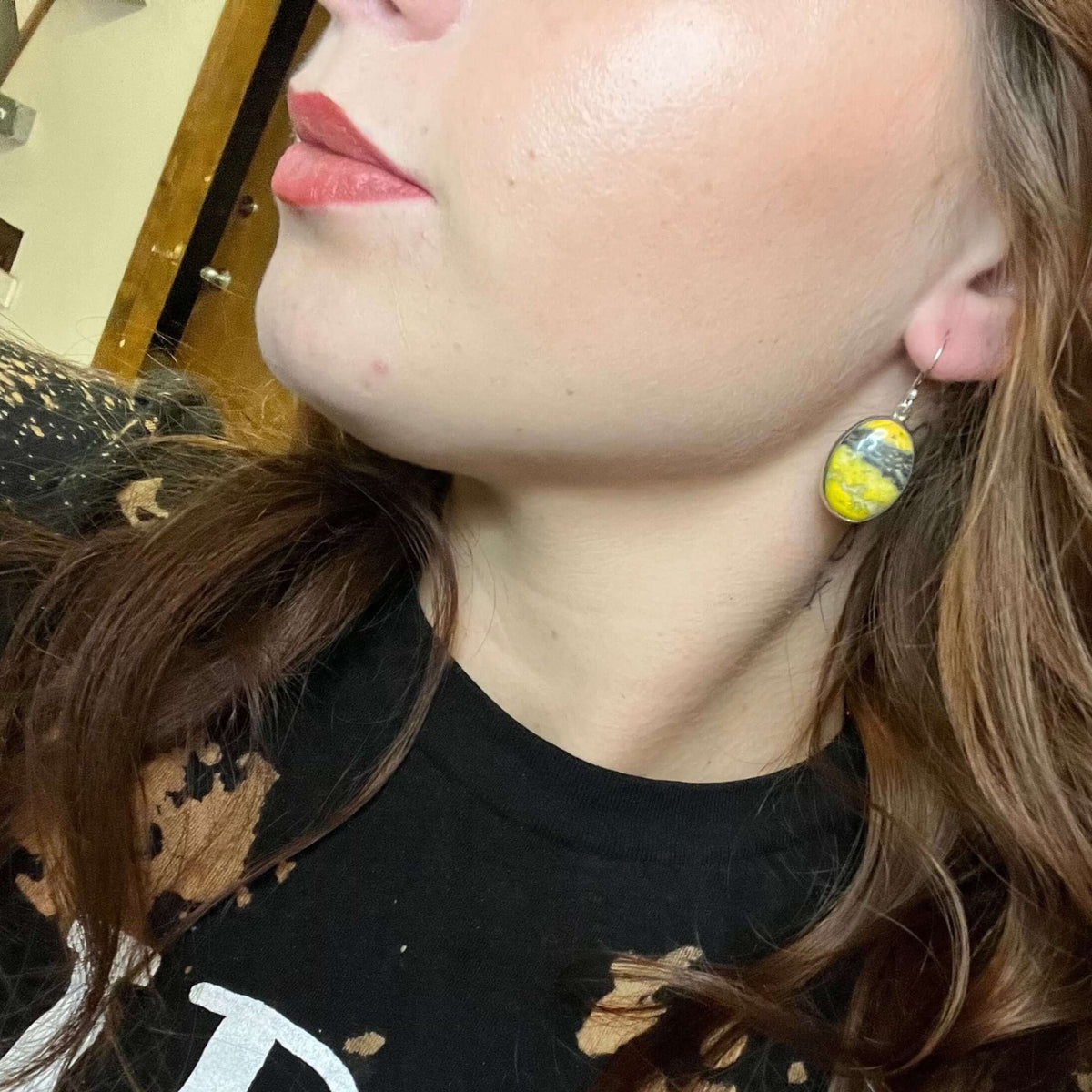 Yellow Bumblebee Jasper Oval Dangle French Hook Sterling Silver Earring - Country Lace Boutique