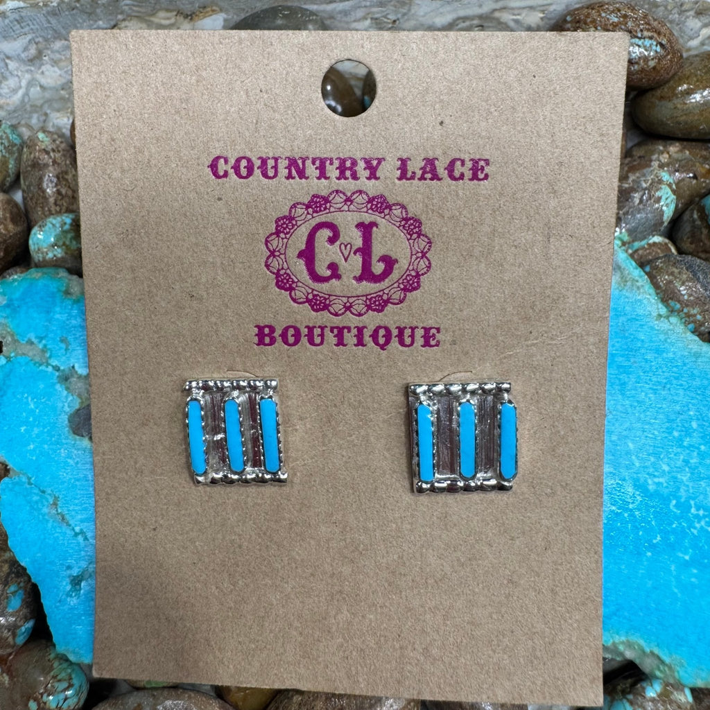 Zuni 3 Stone Post Stud Sterling Silver Earring - Country Lace Boutique