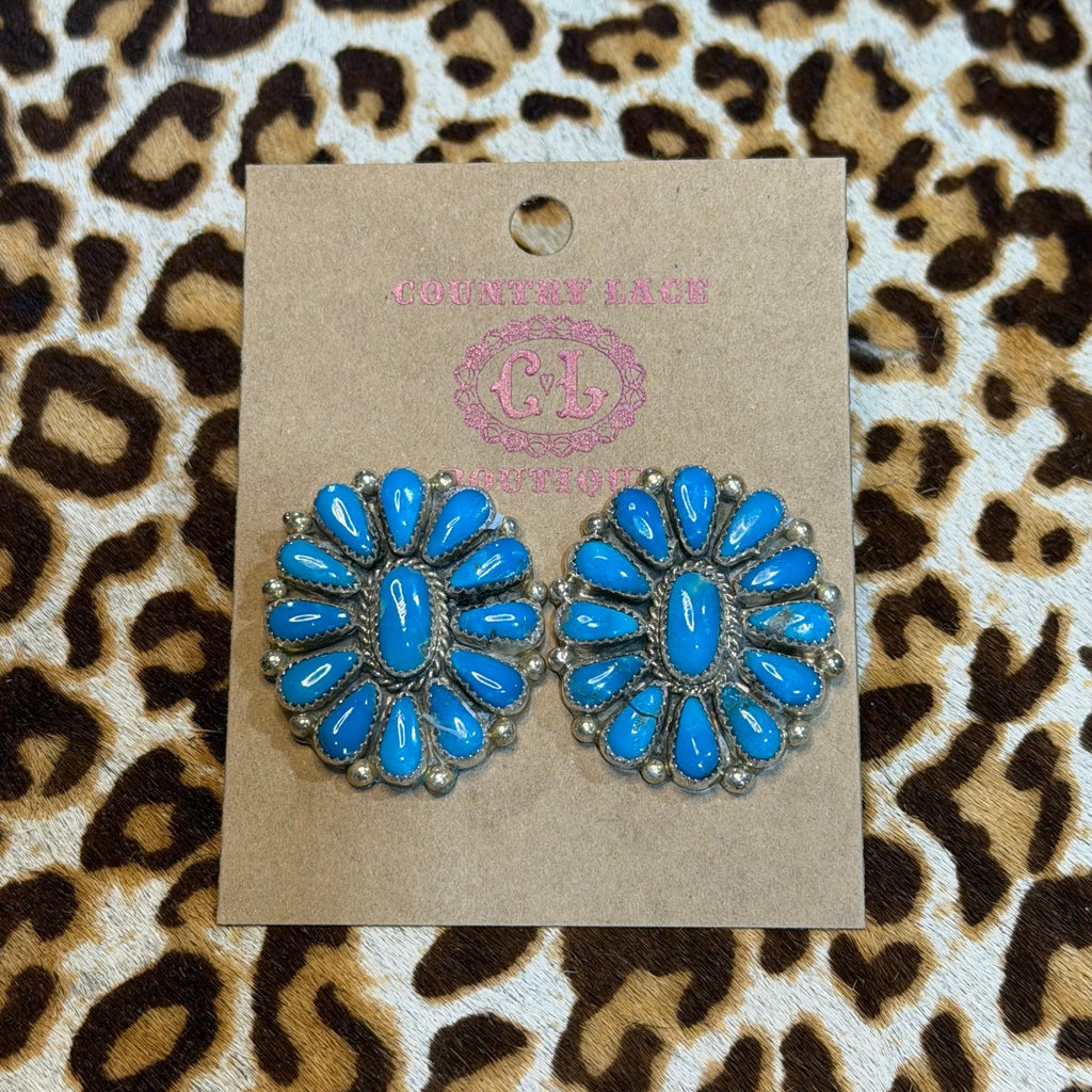 Zuni Kingman Turquoise Cluster Post Sterling Silver Earring - Country Lace Boutique
