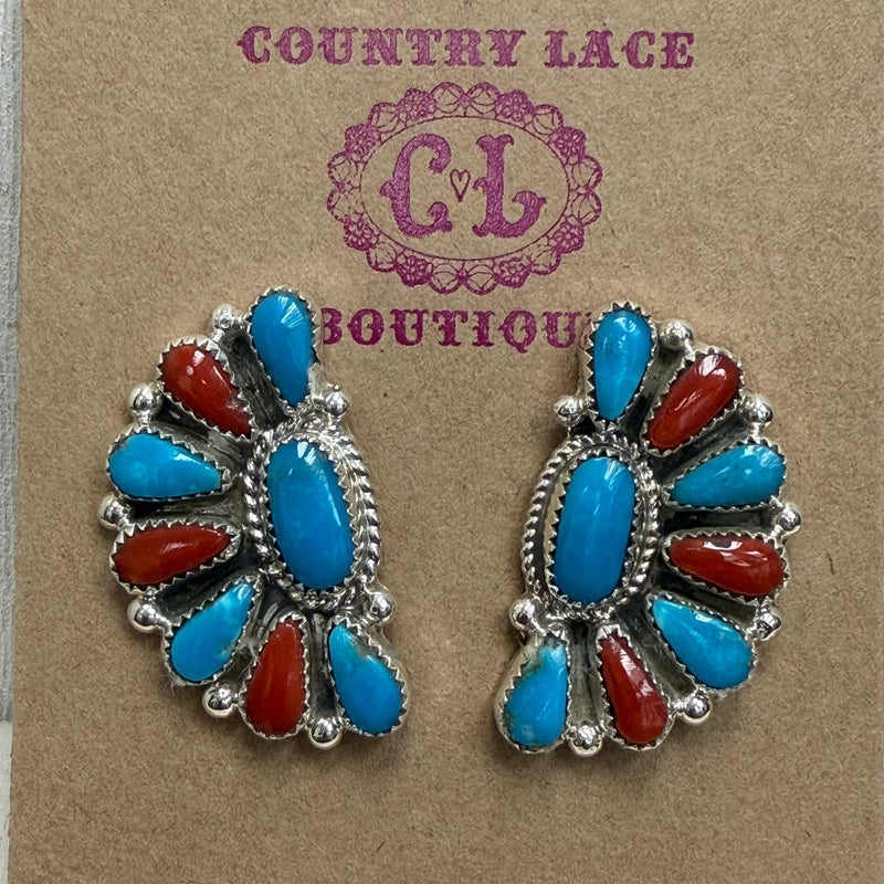 Zuni Kingman Turquoise & Coral Half Cluster Post Sterling Silver Earring - Country Lace Boutique