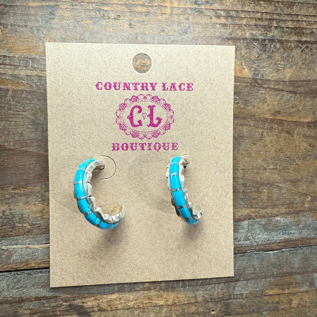 Zuni Kingman Turquoise Half Hoop Post Sterling Silver Earring - Country Lace Boutique