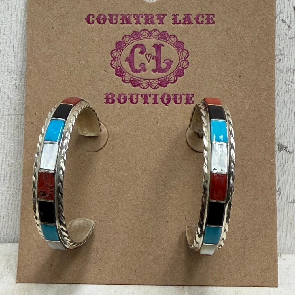 Zuni Multi Color Hoop Post Sterling Silver Earring - Country Lace Boutique