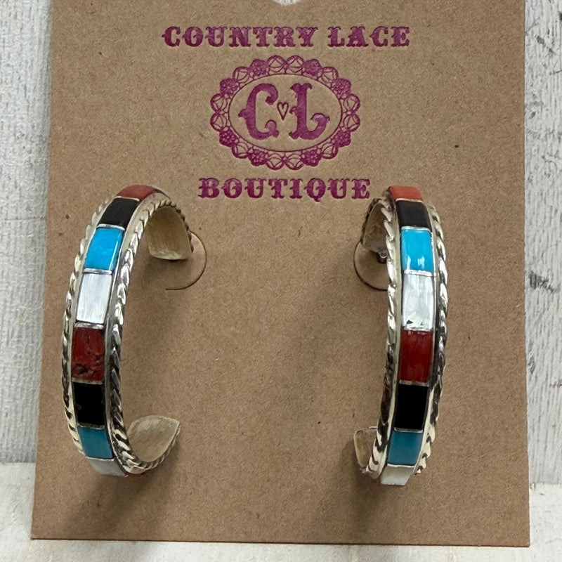 Zuni Multi Color Hoop Post Sterling Silver Earring - Country Lace Boutique