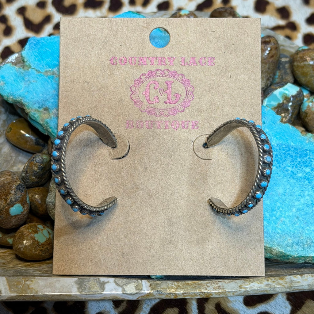 Zuni Turquoise Hoops Post Sterling Silver Earring - Country Lace Boutique