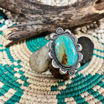 Big Turquoise Stone W/ Flower Detail Adjustable Genuine Ring